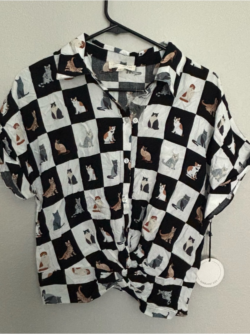 Black and White Cat Print Button-Up